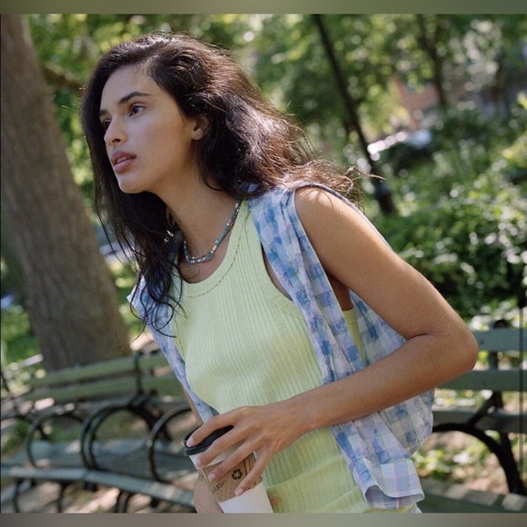 Anthropologie Pilcro Letterpress Cate Blue Neon Tie-Dye Plaid Button-Down Shirt - Picture 2 of 9